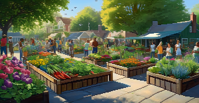 A lively community garden showcasing a variety of plants and people working together in a sunny environment.