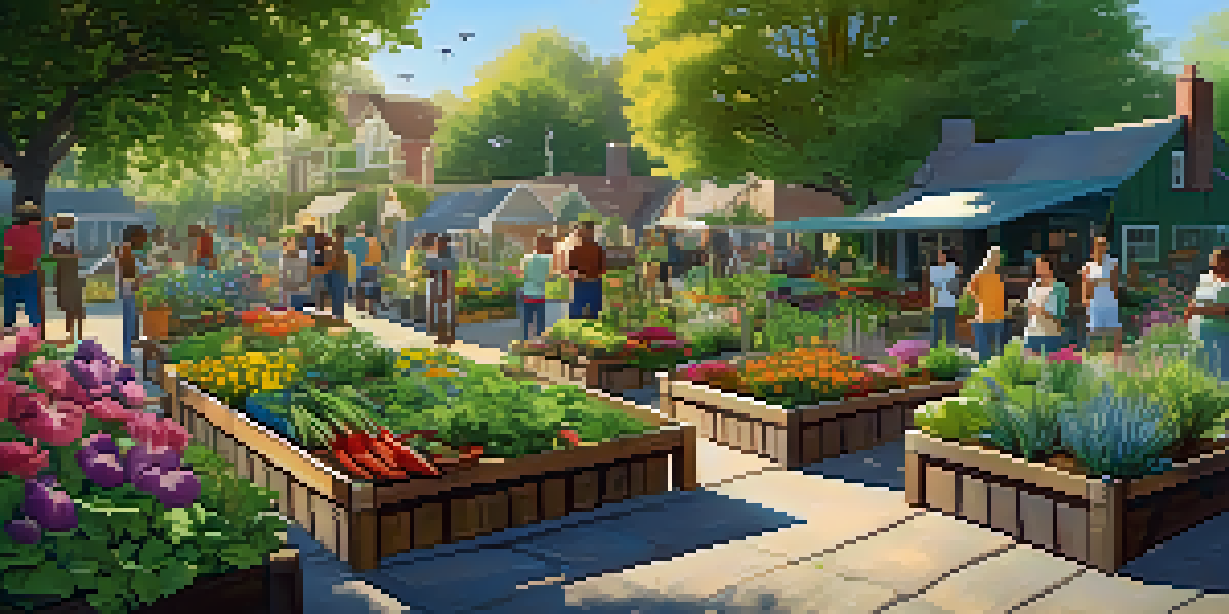 A lively community garden showcasing a variety of plants and people working together in a sunny environment.