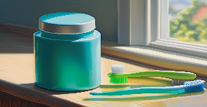 A close-up view of a toothbrush and dental floss on a wooden countertop, with morning light streaming in and a small plant in the background.