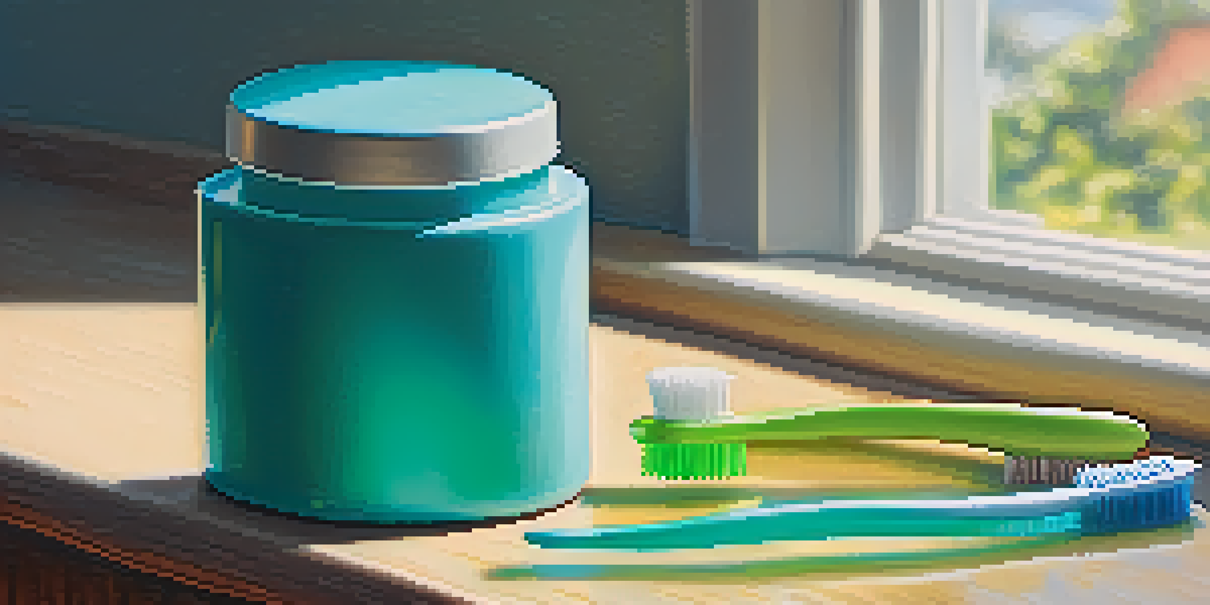 A close-up view of a toothbrush and dental floss on a wooden countertop, with morning light streaming in and a small plant in the background.