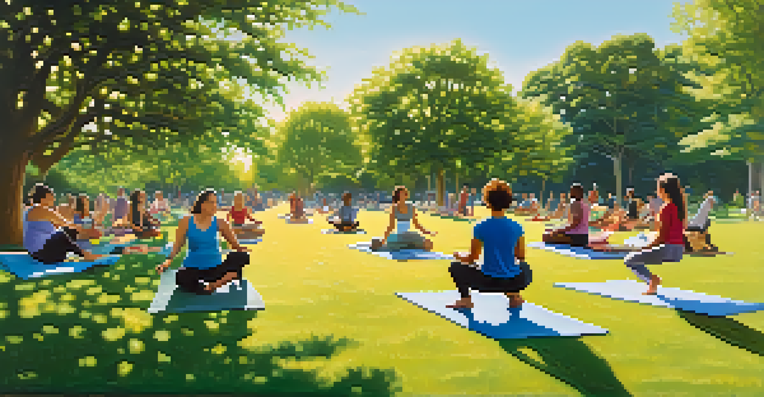 A diverse group of people enjoying physical activities in a sunny park with greenery and flowers.