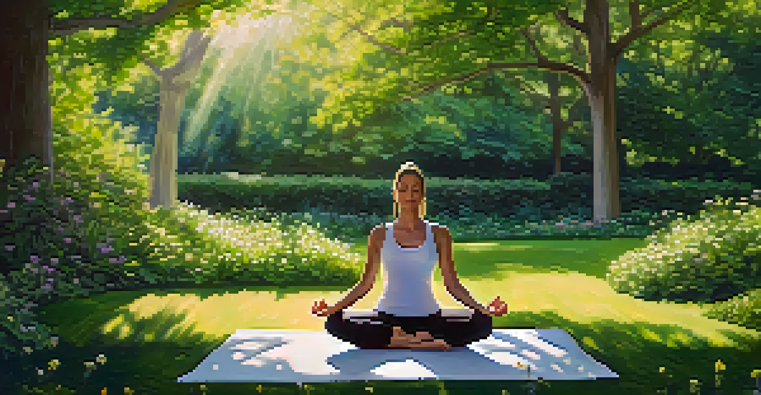 A person practicing yoga in a green park, focusing on deep breathing under the sunlight.