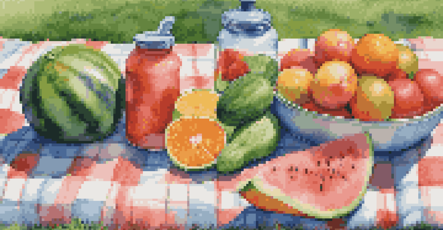 A picnic blanket with various fruits and vegetables and a reusable water bottle under a clear blue sky.