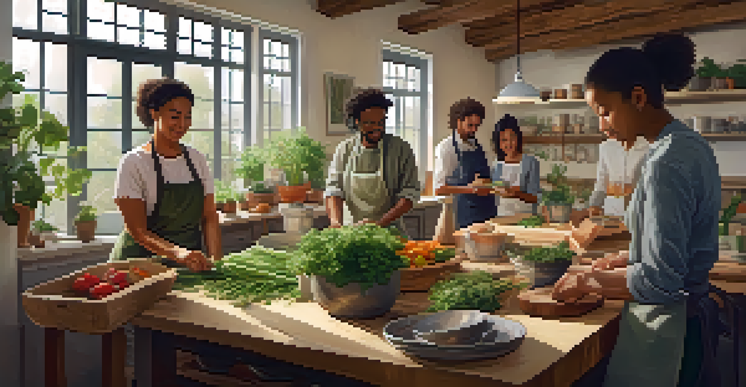 Participants in a sustainable cooking workshop working together in a bright and welcoming kitchen.