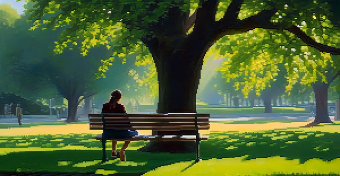 A peaceful park in the morning with sunlight shining through the trees. A person is reading on a bench surrounded by greenery and colorful flowers.