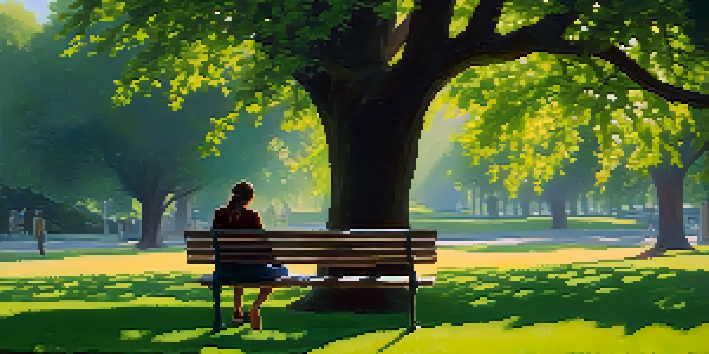 A peaceful park in the morning with sunlight shining through the trees. A person is reading on a bench surrounded by greenery and colorful flowers.