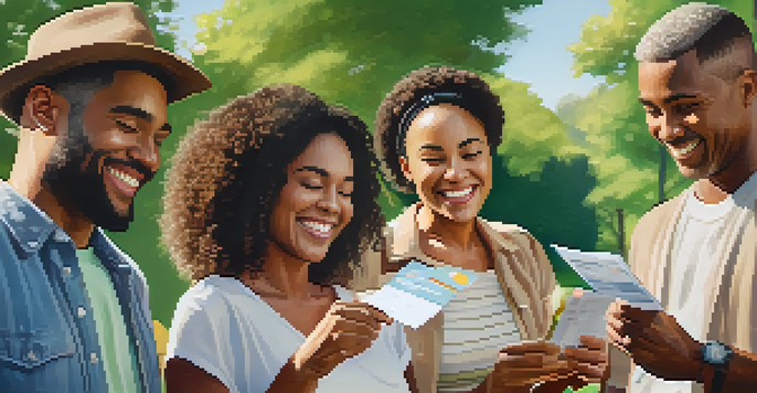 A diverse group of people smiling and holding vaccination cards in a sunny park setting.