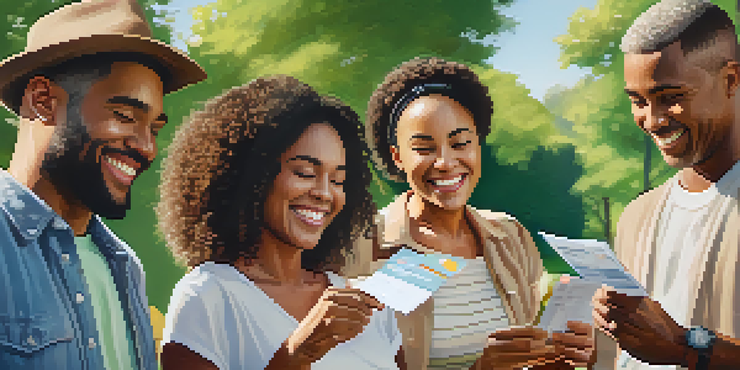 A diverse group of people smiling and holding vaccination cards in a sunny park setting.