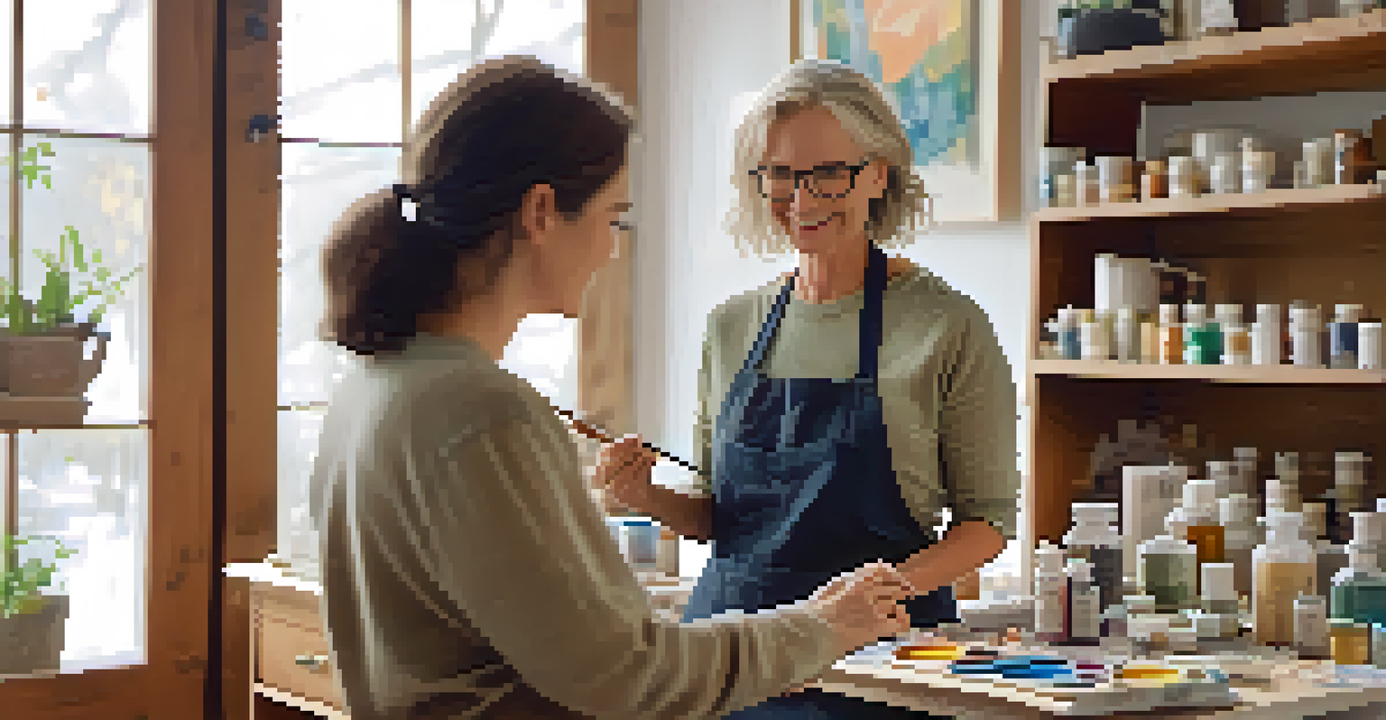 An art therapist assisting a client with clay sculpture in a bright, inviting studio filled with art supplies and completed artworks.