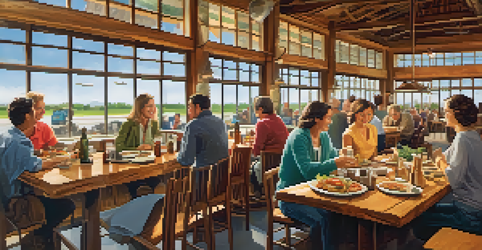 Travelers savoring local dishes at an airport restaurant with a rustic charm and fresh ingredients.