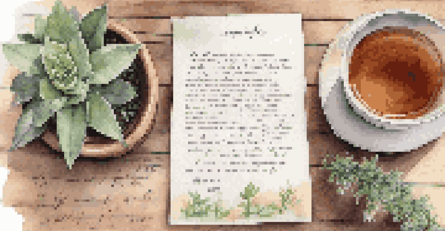 A close-up of a handwritten self-compassion letter on a wooden desk next to a cup of tea and a small plant.