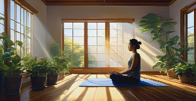 A person meditating in a sunlit room surrounded by plants, conveying peace and gratitude.