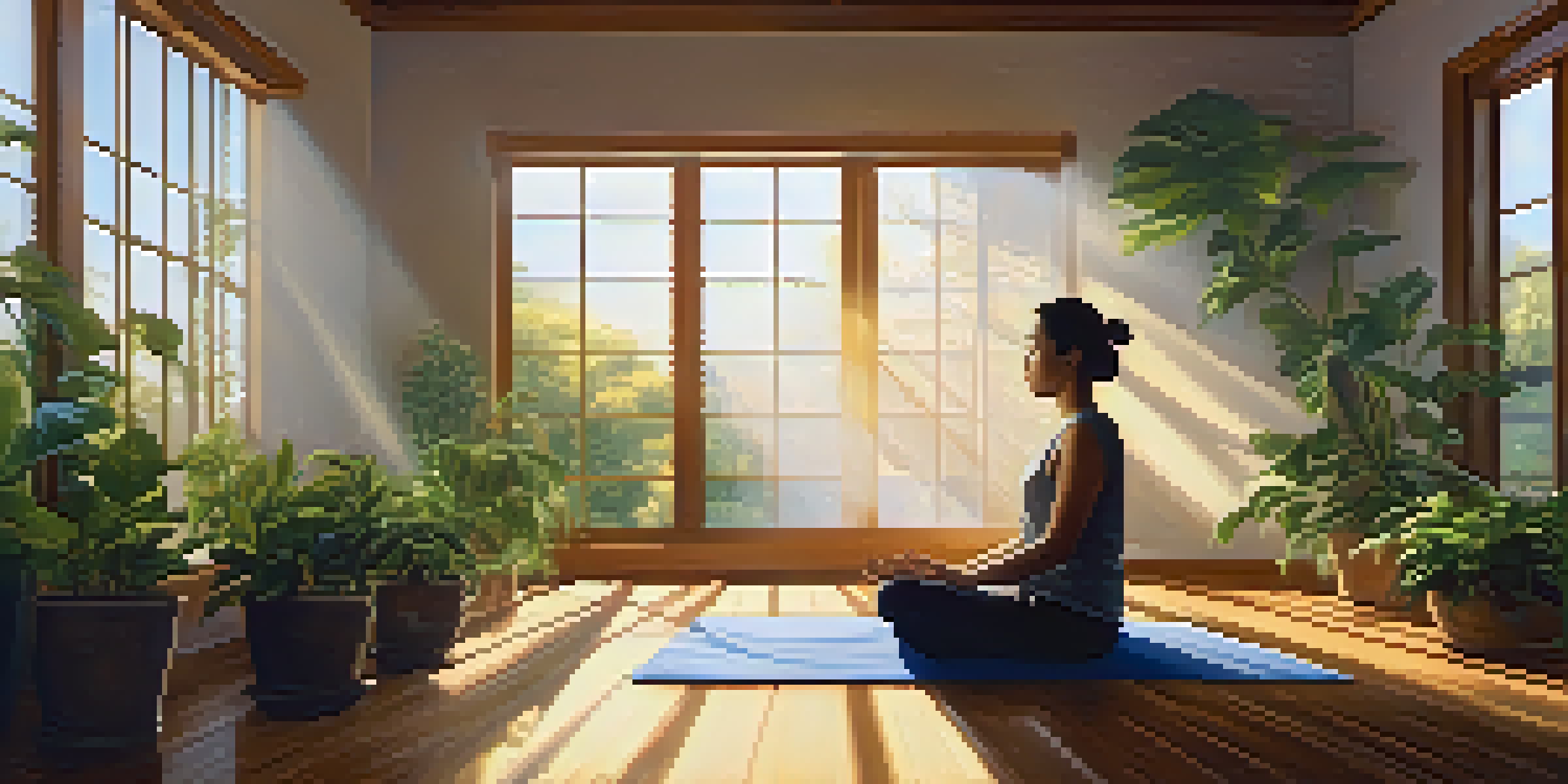 A person meditating in a sunlit room surrounded by plants, conveying peace and gratitude.