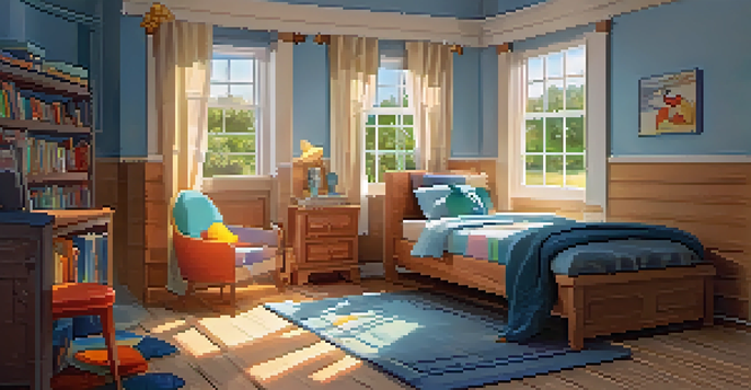 A children's bedroom designed for relaxation, featuring blue walls, a cozy bed, and a bookshelf, illuminated by soft lighting.