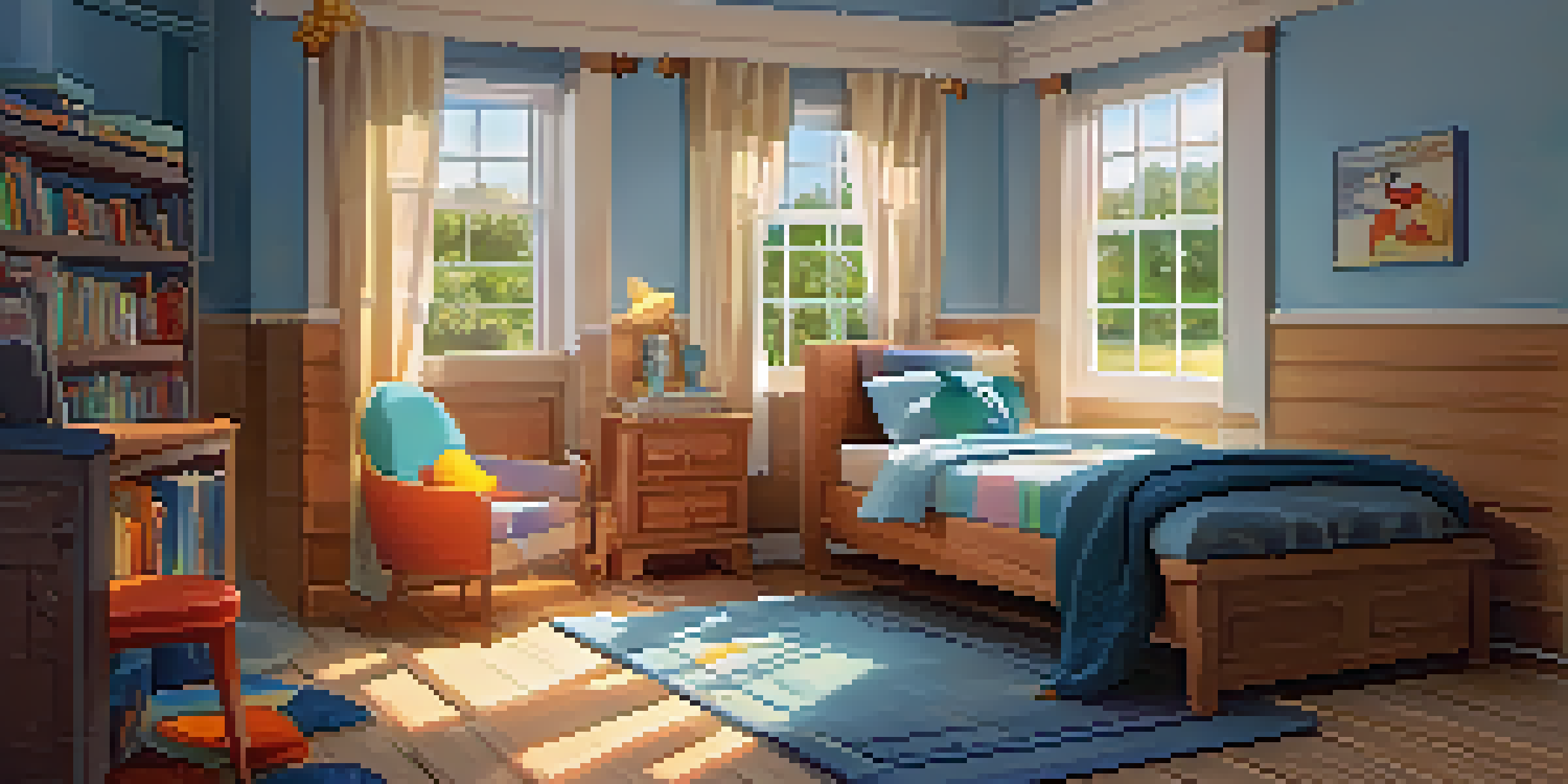 A children's bedroom designed for relaxation, featuring blue walls, a cozy bed, and a bookshelf, illuminated by soft lighting.