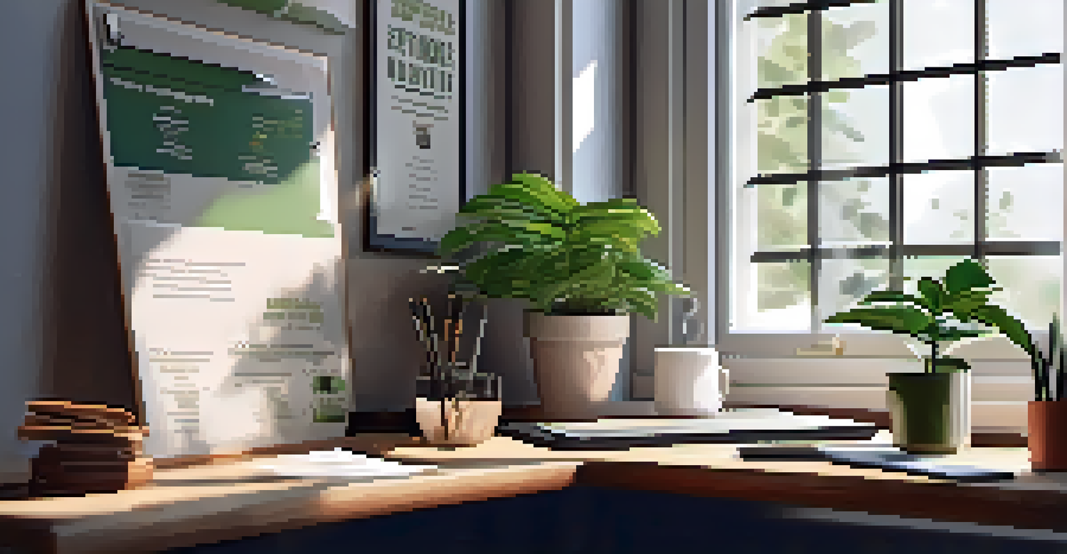A cozy workspace with a desk, notebook, coffee cup, and a motivational quote framed on the wall, illuminated by natural light.
