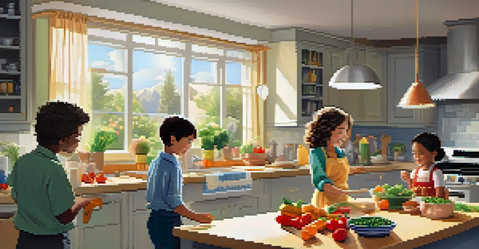 A family gathered in a bright kitchen, cooking together with fresh ingredients and smiling faces.