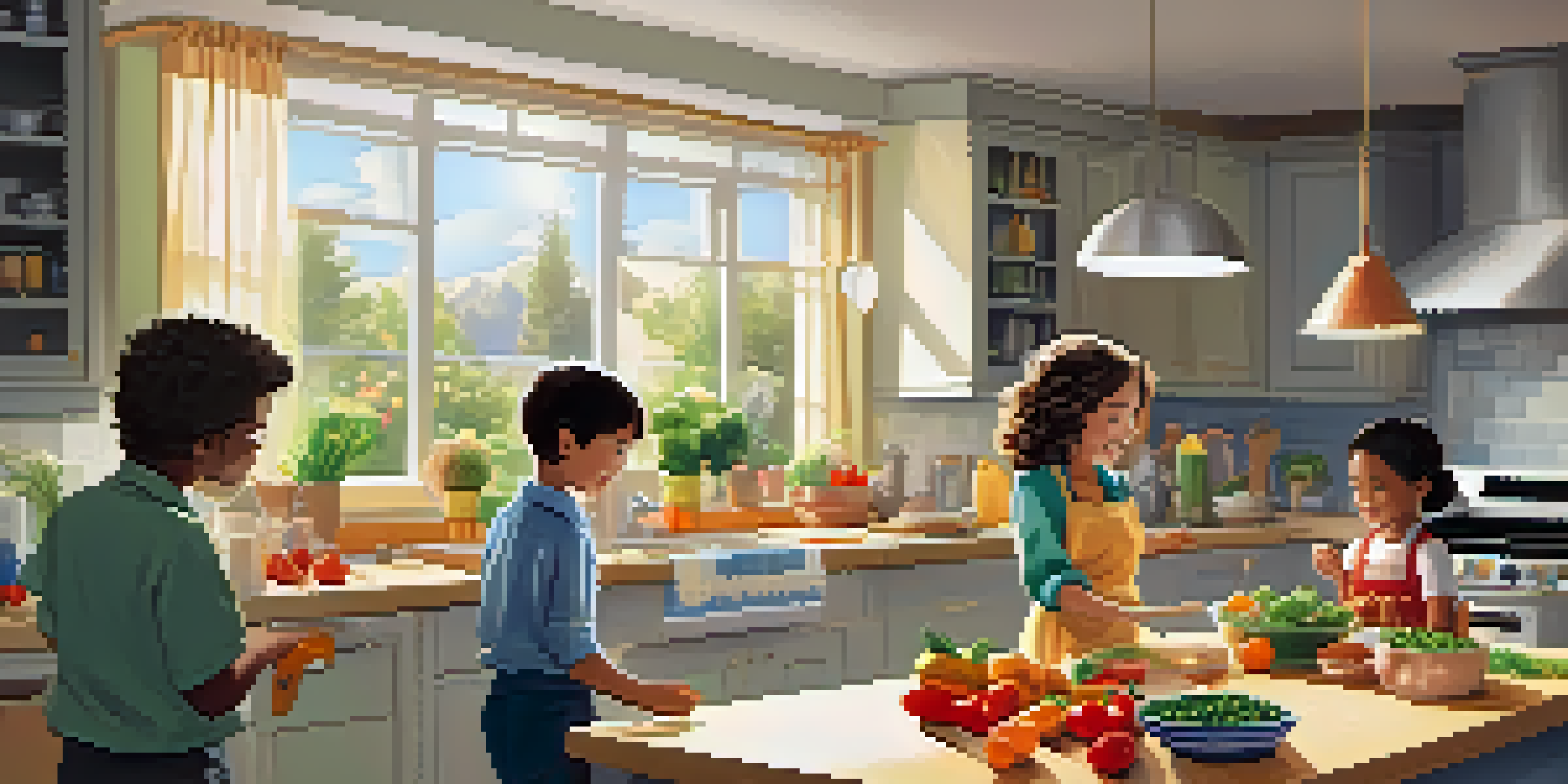 A family gathered in a bright kitchen, cooking together with fresh ingredients and smiling faces.