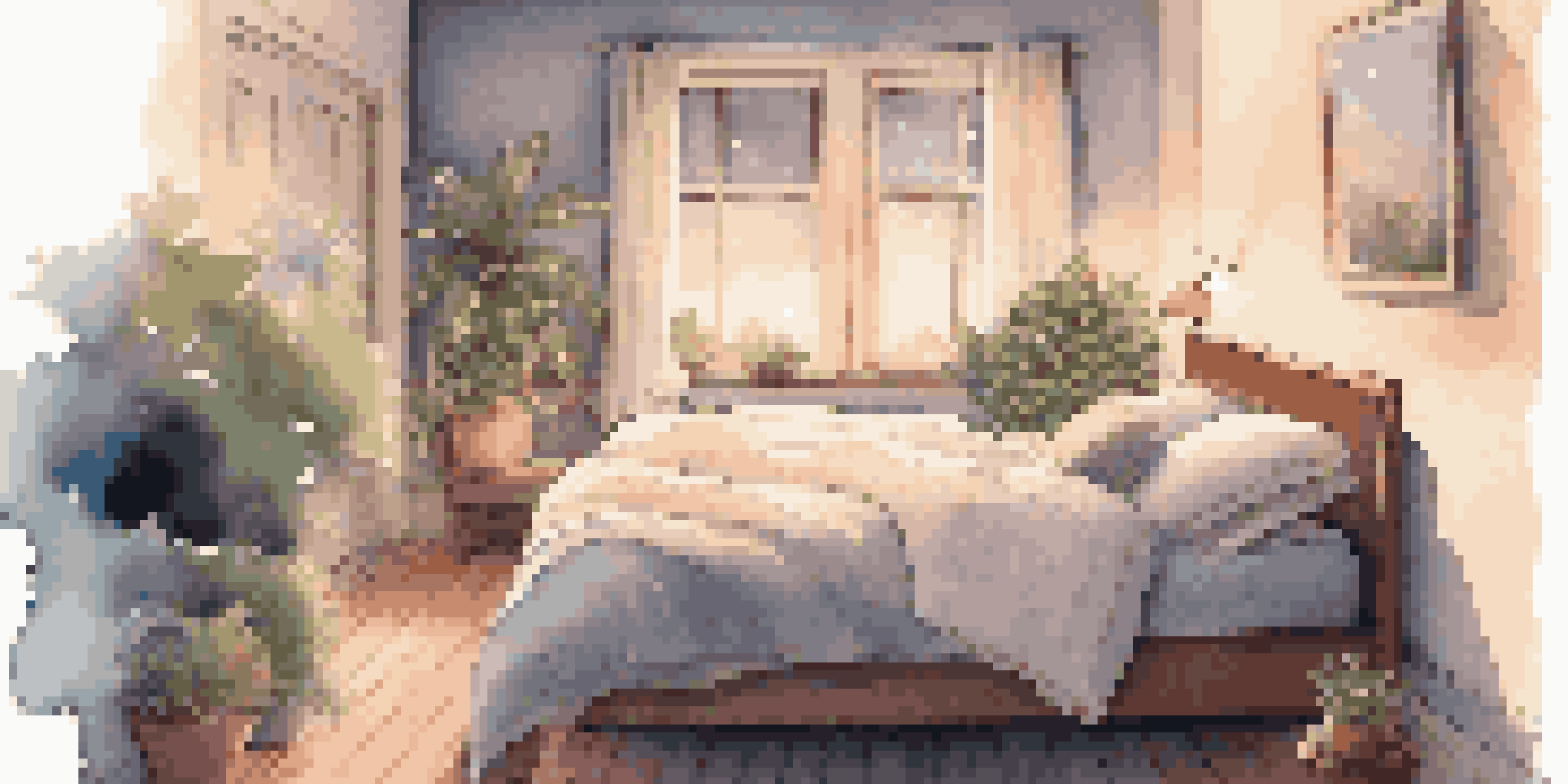 A cozy bedroom with a neatly made bed, warm lighting, and houseplants, creating a peaceful sleep environment.