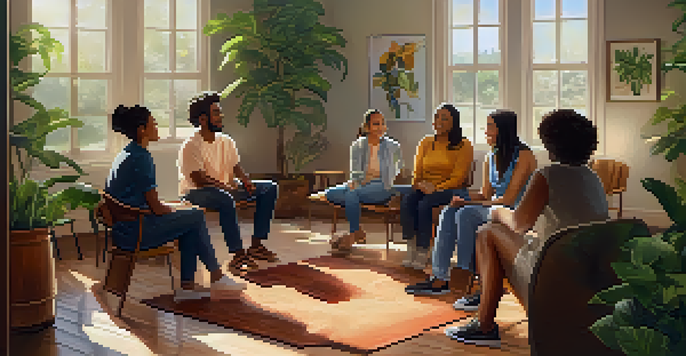 A diverse group of people in a supportive coaching session, sitting in a circle in a well-lit room, with plants and motivational posters around them.