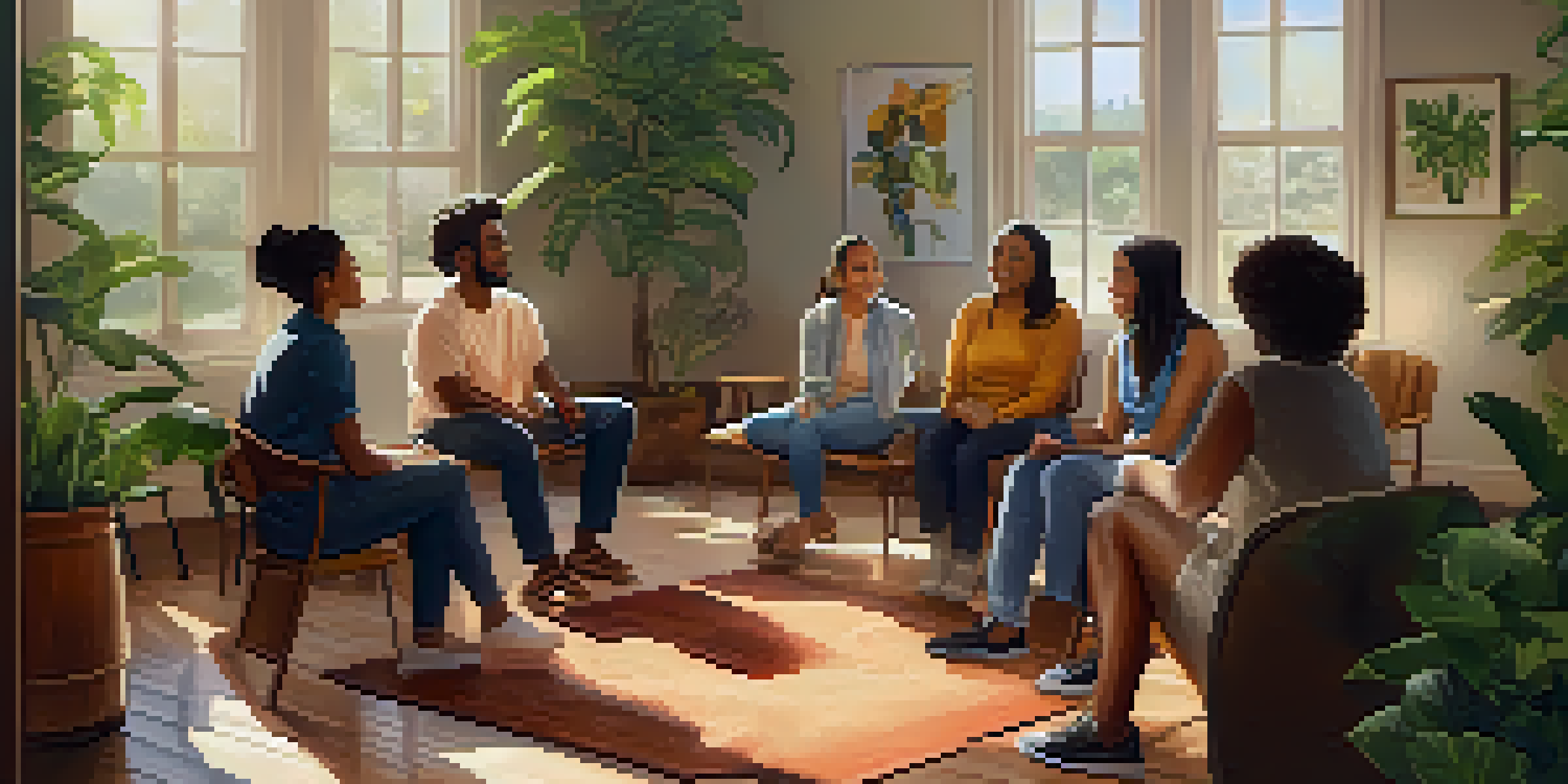 A diverse group of people in a supportive coaching session, sitting in a circle in a well-lit room, with plants and motivational posters around them.