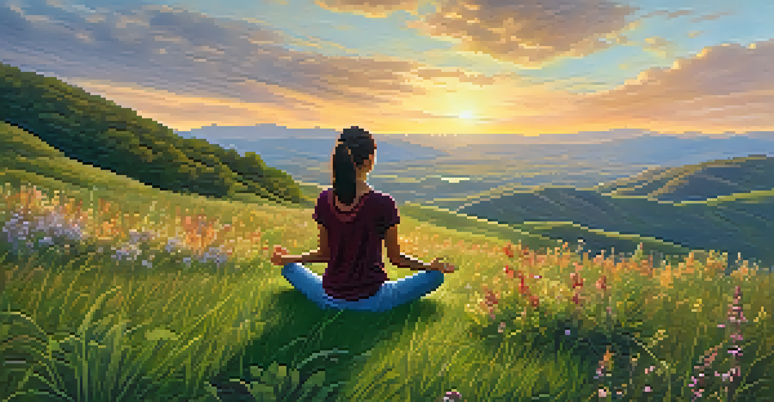 A person meditating on a grassy hilltop at sunset, surrounded by wildflowers and scenic rolling hills.