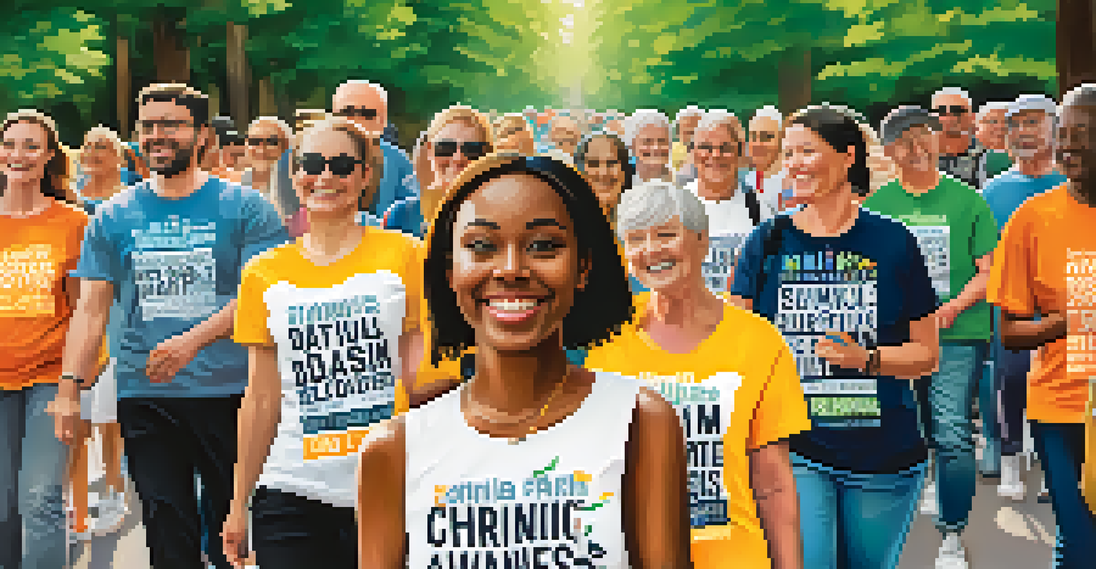 A diverse group of participants walking together outdoors for chronic pain awareness, surrounded by trees and colorful banners.