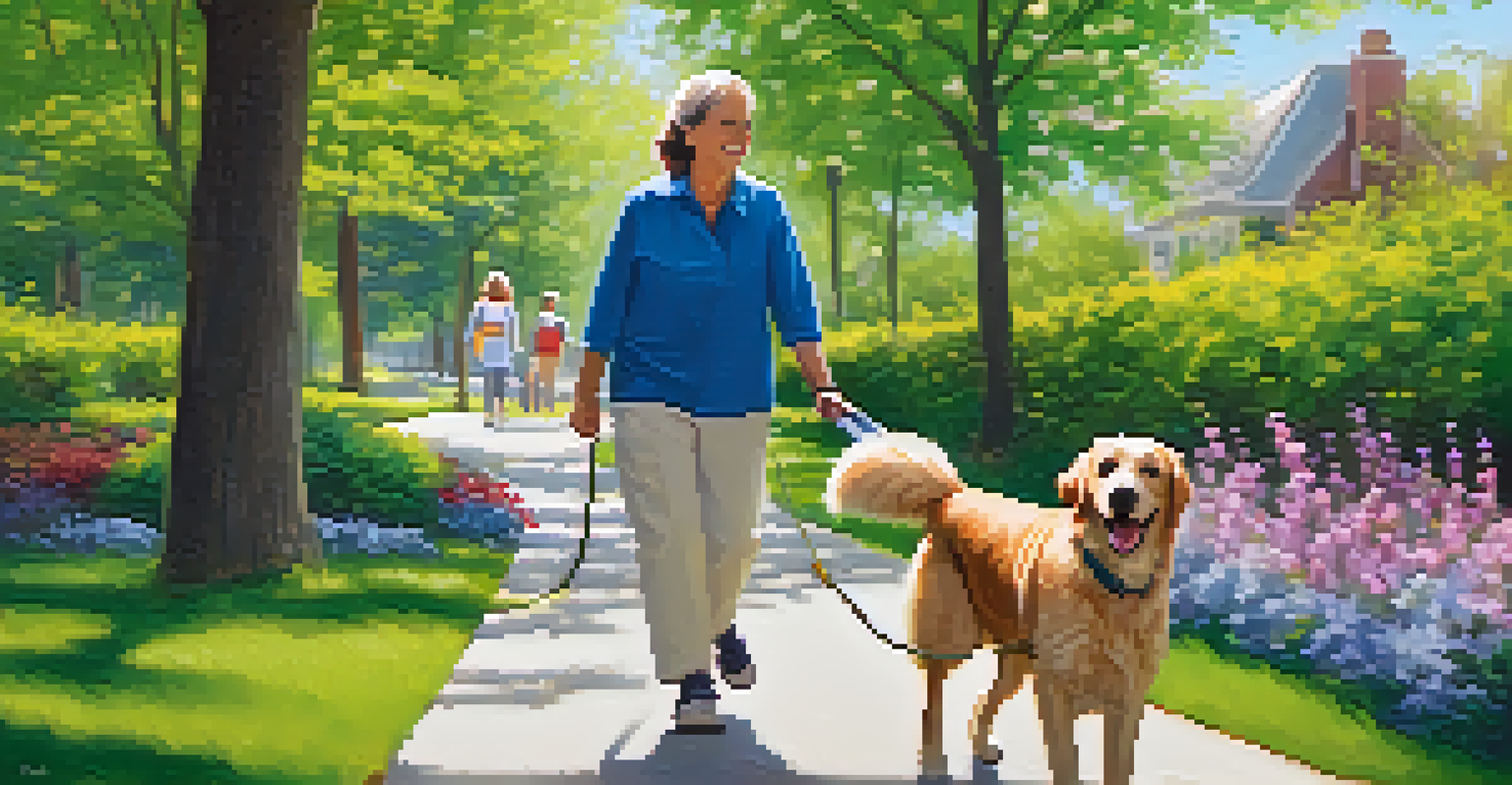 A patient walking a therapy dog on a sunny path, depicting a joyful outdoor therapy session.