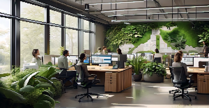 A bright and inviting office space with green plants, natural light, and employees working together at ergonomic desks.