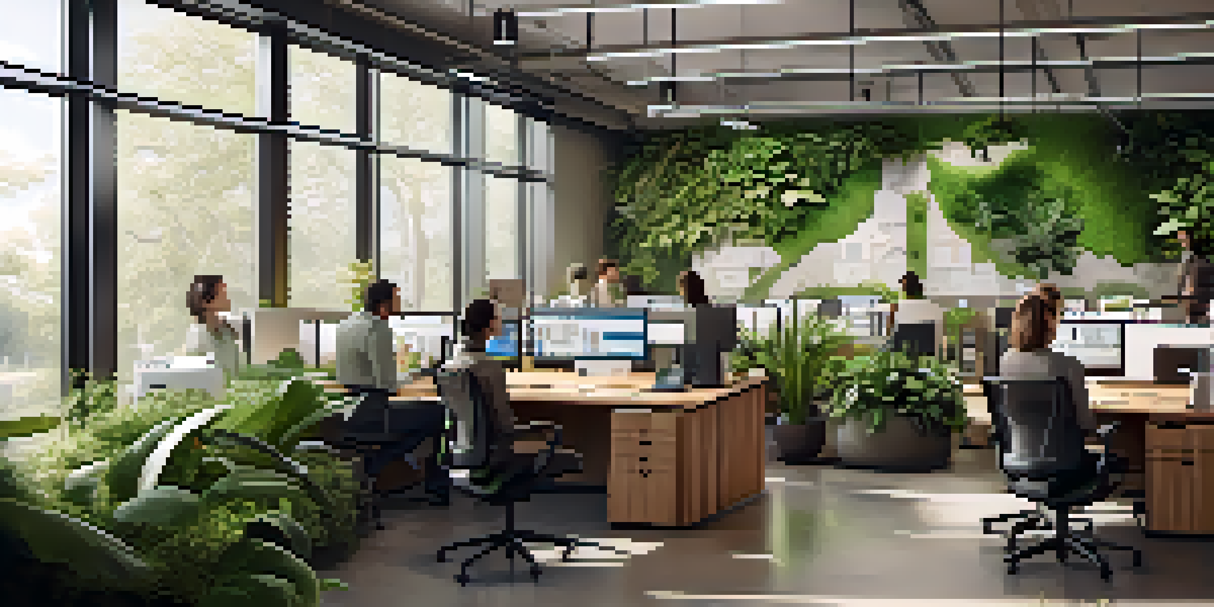 A bright and inviting office space with green plants, natural light, and employees working together at ergonomic desks.