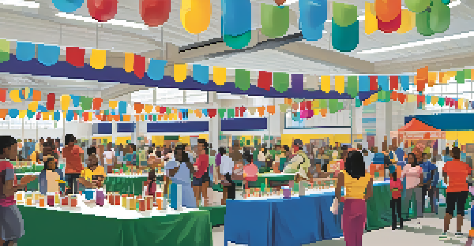 A lively community health fair with people exploring booths and engaging in fitness activities, promoting health awareness.