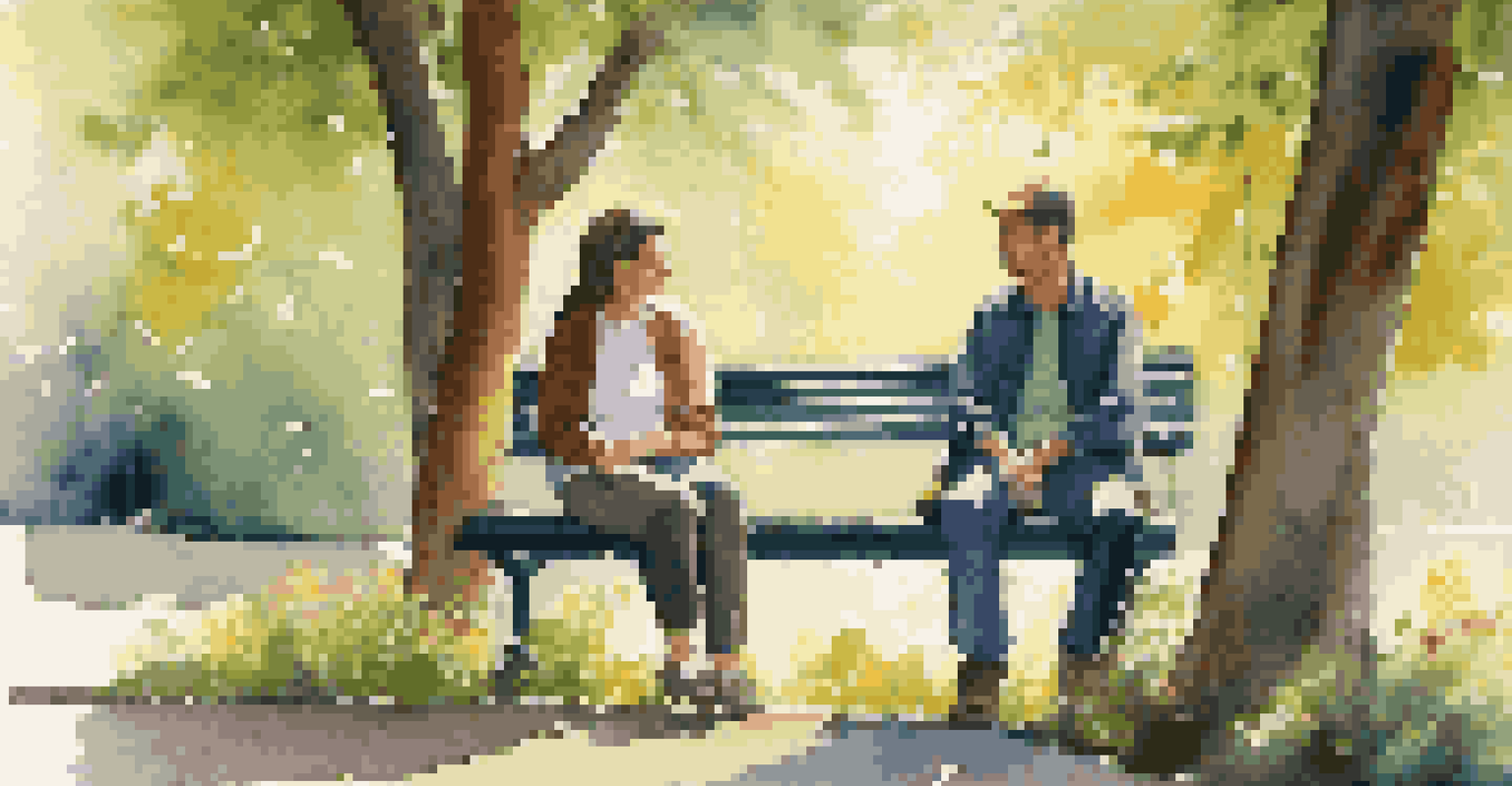 Two friends engaged in a heartfelt conversation on a park bench, surrounded by flowers and trees.