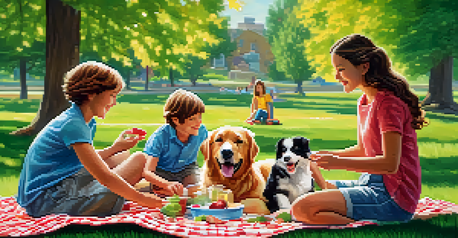 A family having a picnic in a park with their dog, children playing and parents setting up a picnic blanket.