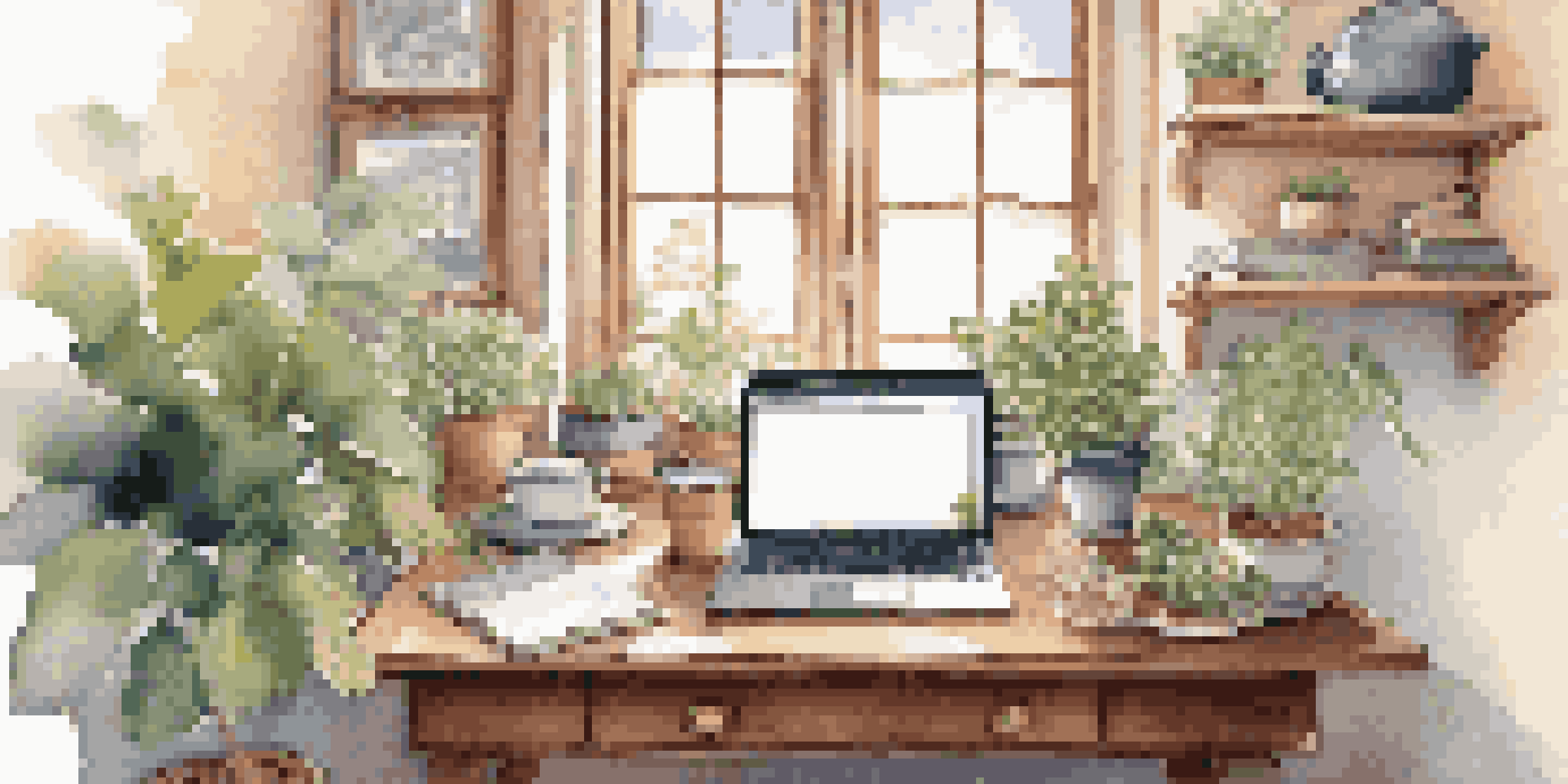 A cozy home office with a desk, laptop, and herbal tea, illuminated by natural light from a window, with plants and motivational quotes on the walls.