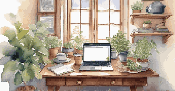 A cozy home office with a desk, laptop, and herbal tea, illuminated by natural light from a window, with plants and motivational quotes on the walls.