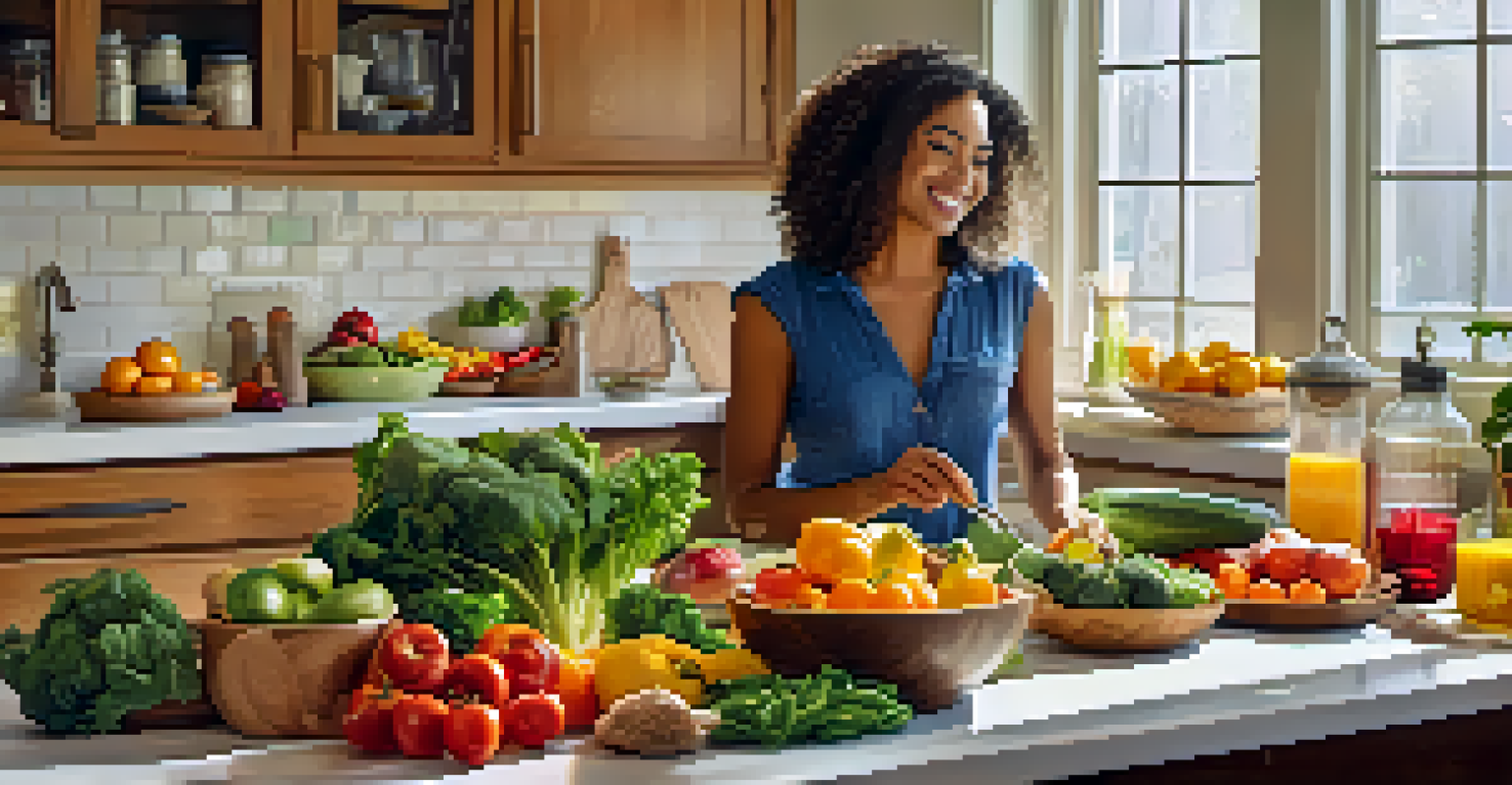 A person preparing a healthy meal in a bright kitchen with fresh vegetables and fruits on the counter, illuminated by natural light.