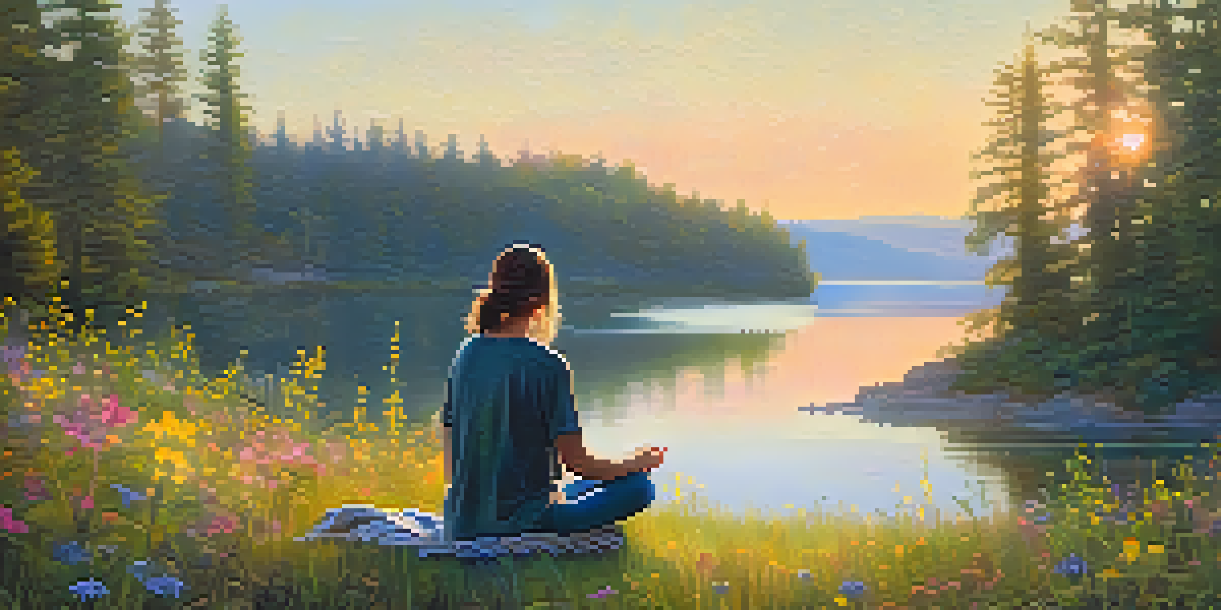 A person meditating on a grassy hilltop during sunrise, surrounded by wildflowers and a calm lake.