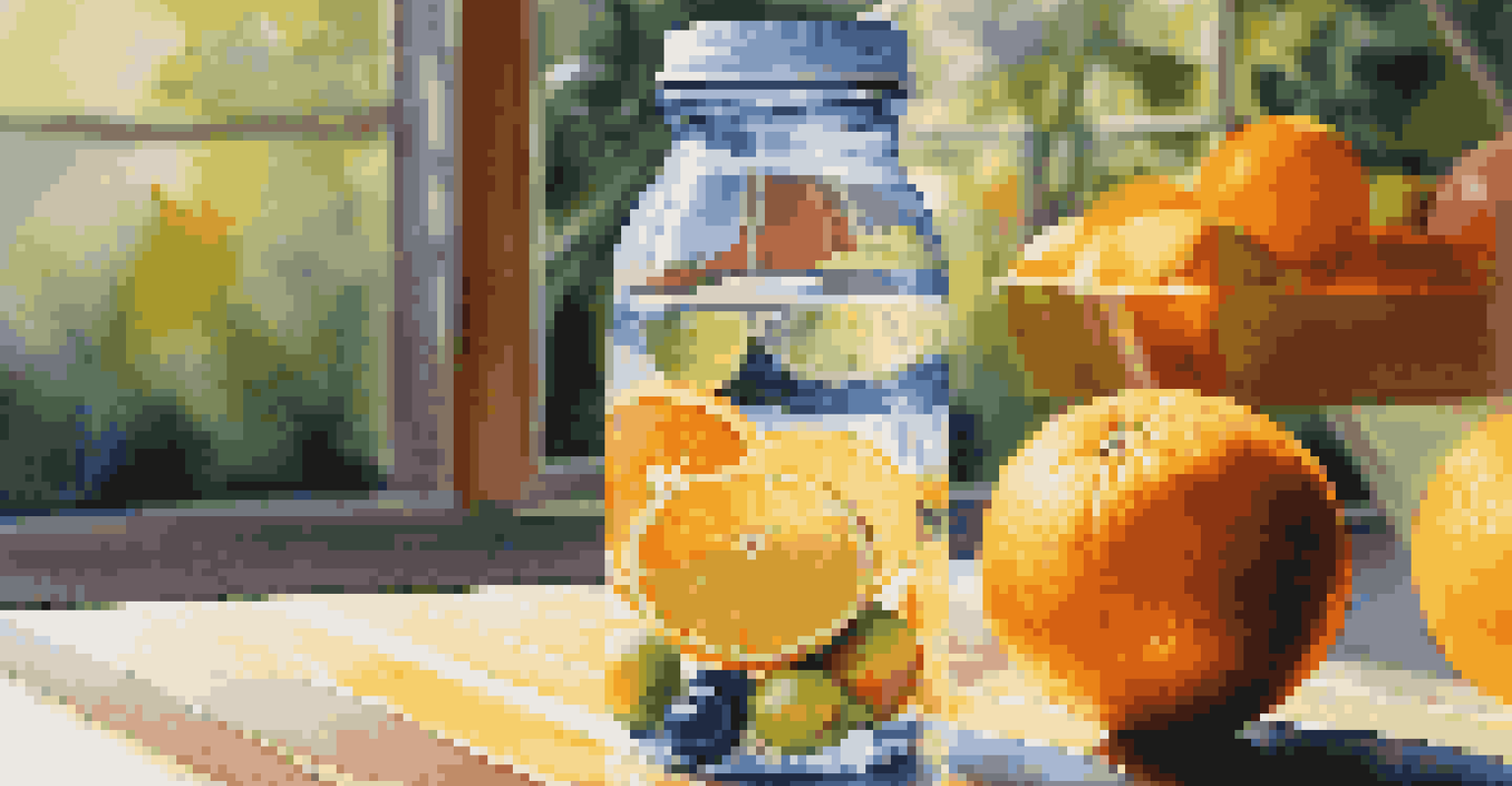 A close-up of a sports bottle filled with water, surrounded by vibrant fruits on a gym bench, highlighting hydration.