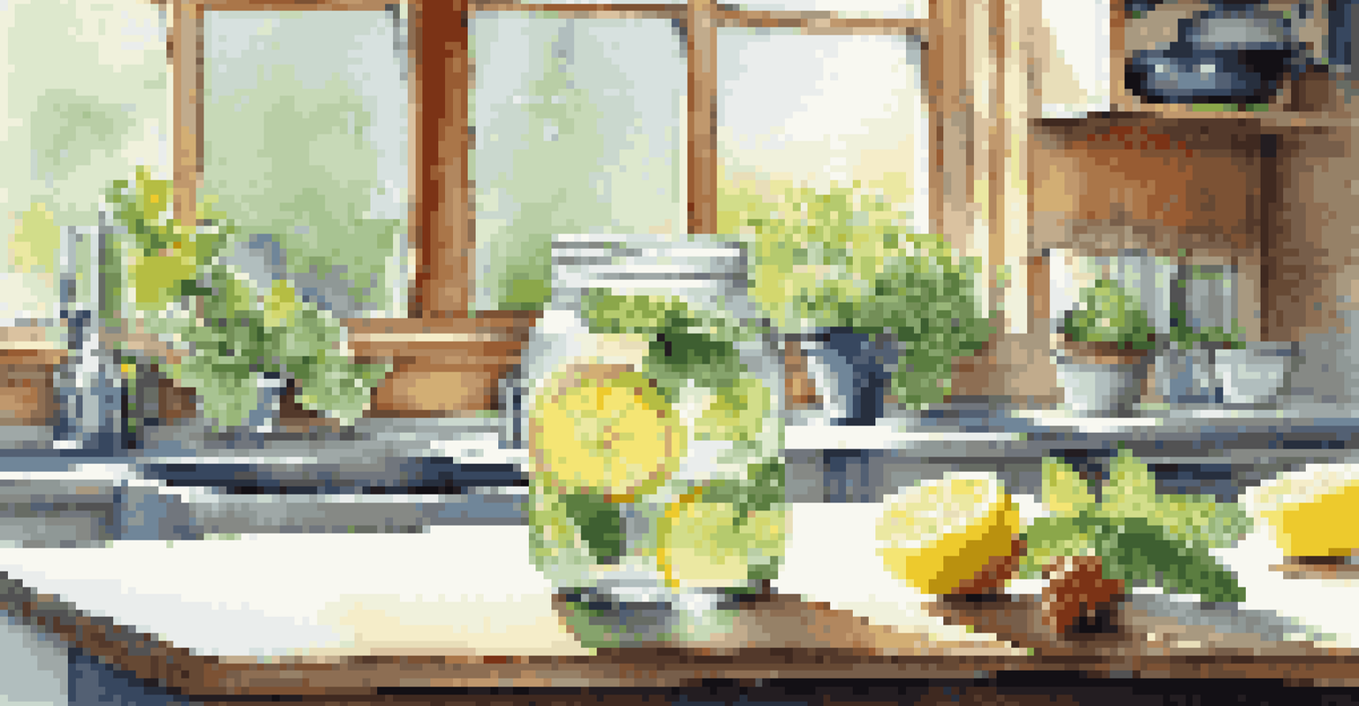 A glass of infused water with lemon, berries, and mint on a kitchen counter illuminated by sunlight.