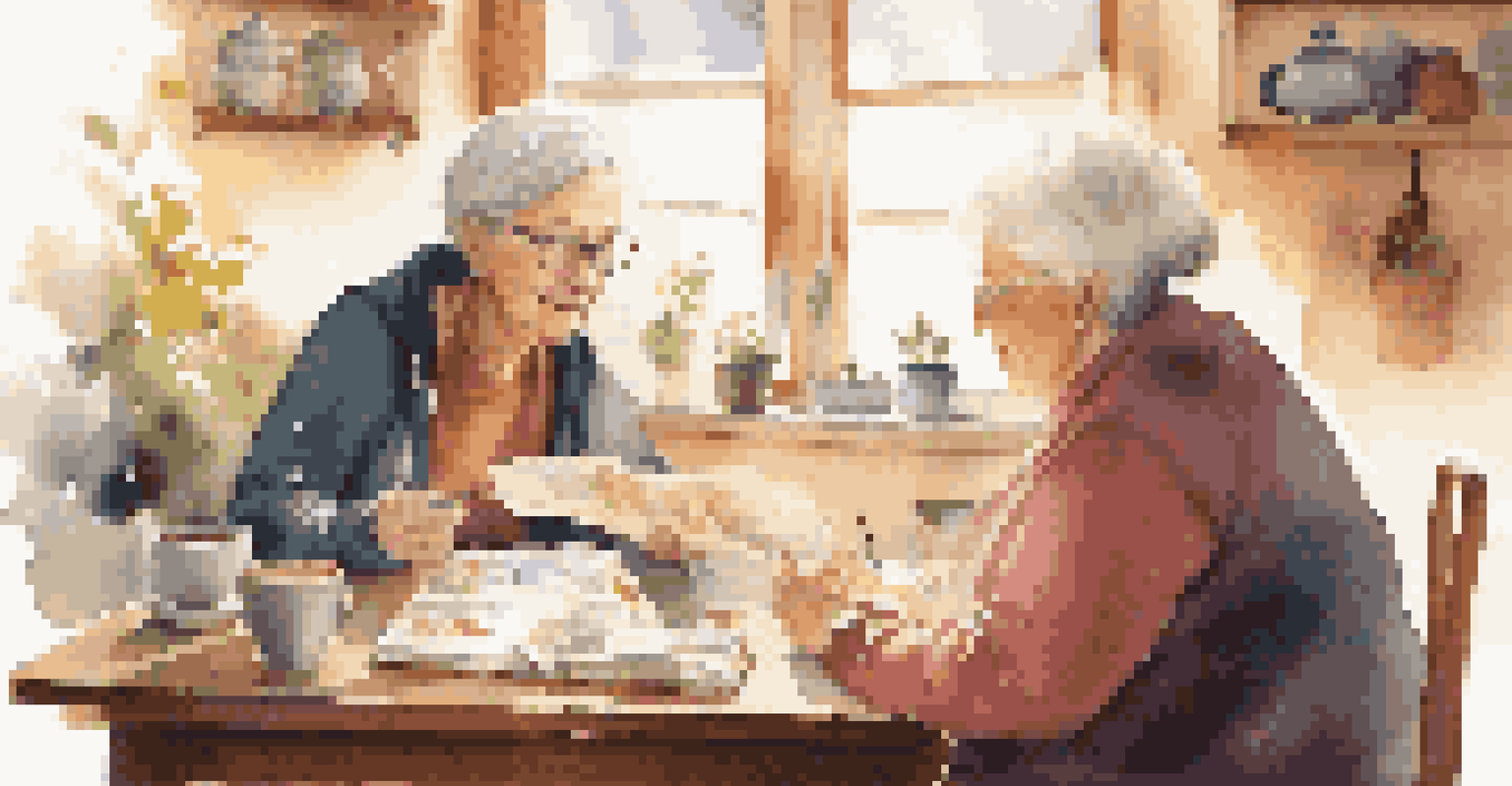 An elderly woman and her caregiver discussing a health journal at a cozy kitchen table, surrounded by notes and a laptop.