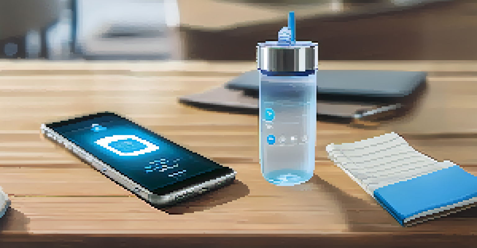 A smartphone on a wooden table showing a hydration app, with a water bottle and notepad in the background.