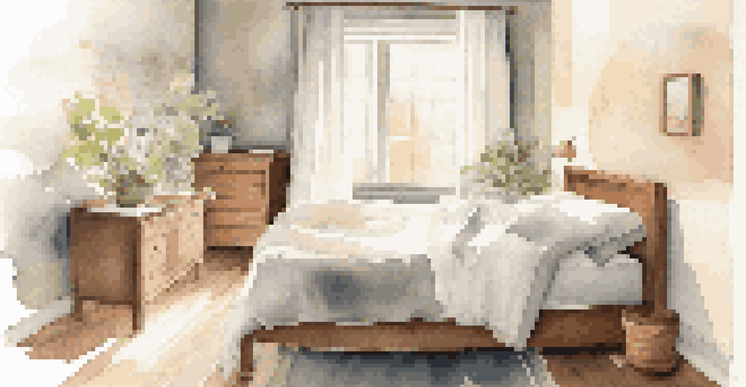 A peaceful bedroom with organic materials, natural light, and a hygrometer indicating humidity levels.