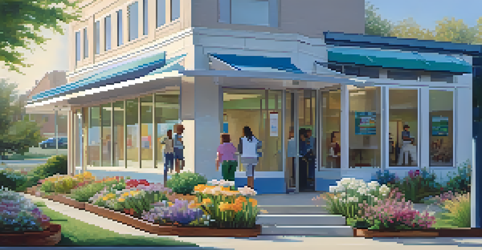 A welcoming local health clinic with a colorful sign and diverse individuals entering and exiting.