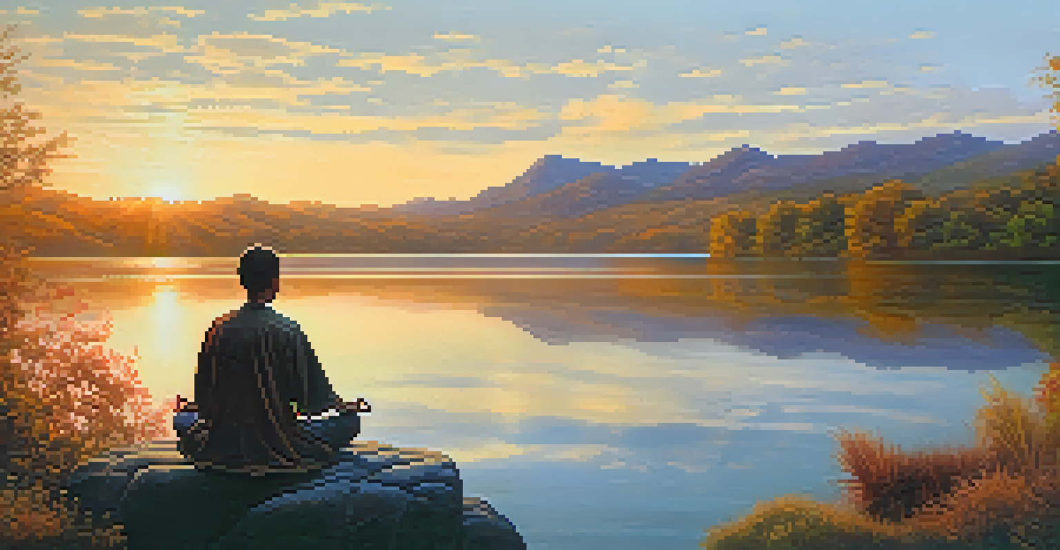 A person meditating on a rock by a lake at sunrise, illustrating spiritual wellness and the beauty of nature.
