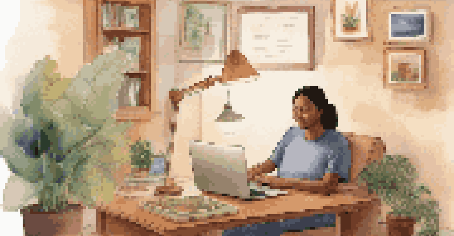A patient at home using a laptop to view electronic health records and educational resources in a cozy environment.
