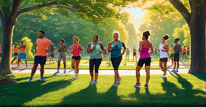 A diverse group of individuals warming up in a park during sunrise, performing dynamic stretches surrounded by greenery.