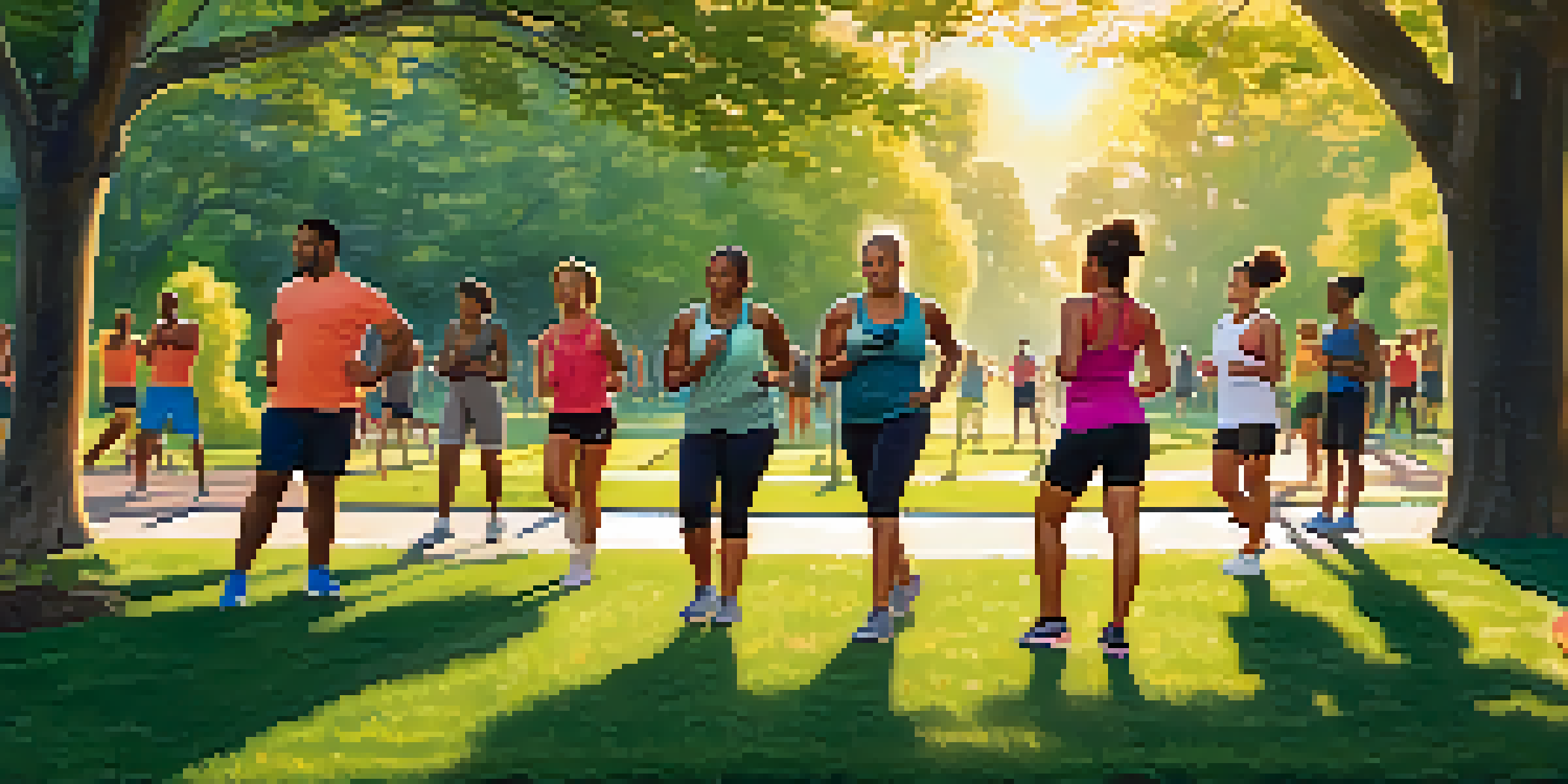 A diverse group of individuals warming up in a park during sunrise, performing dynamic stretches surrounded by greenery.