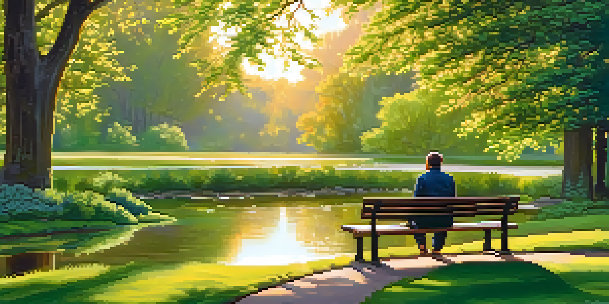 A person meditating on a bench in a lush green park during sunset, with a calm pond and blooming wildflowers.