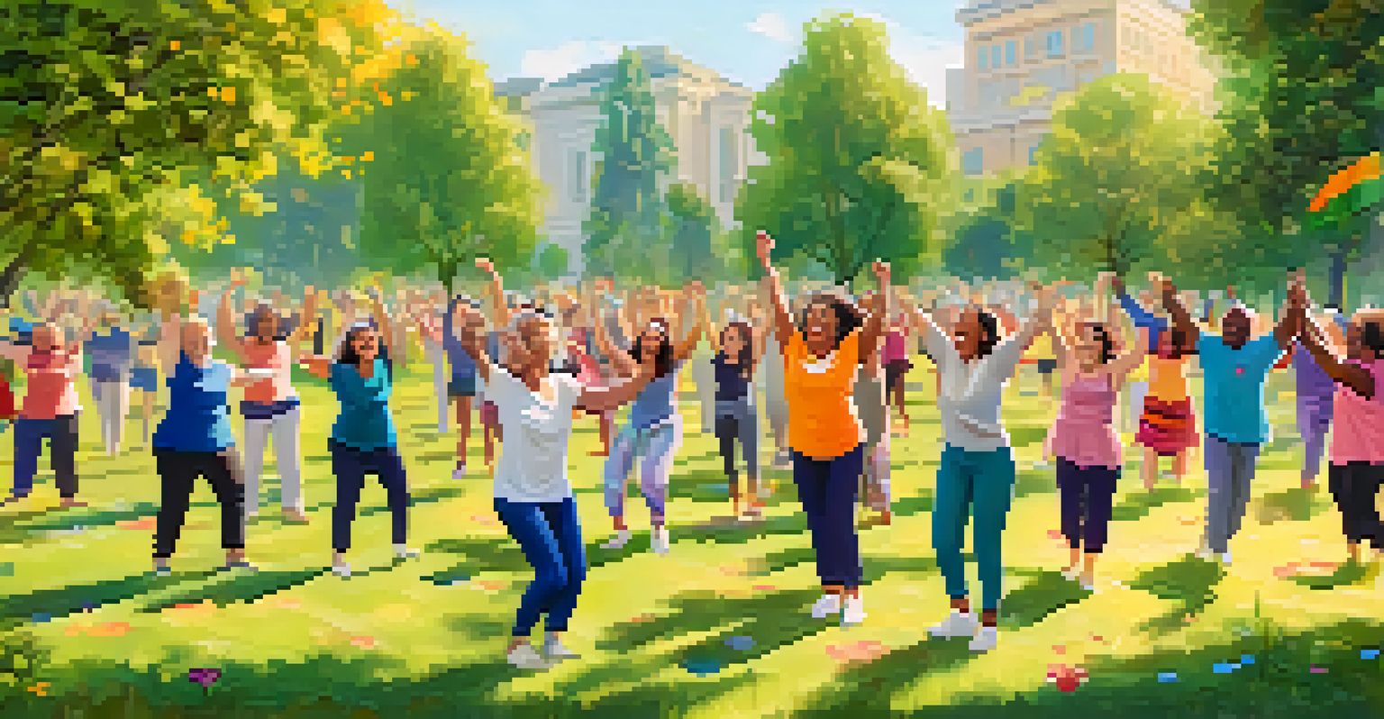 A diverse group of people participating in laughter yoga outdoors in a sunny park, surrounded by greenery and flowers.