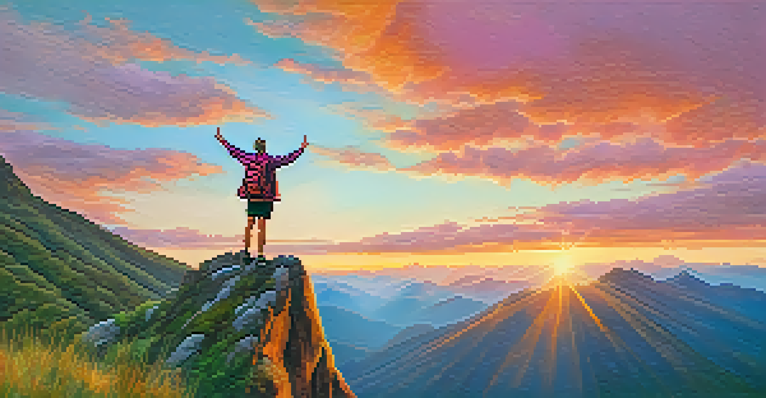 A wellness coach standing on a mountain peak at sunrise, arms raised in triumph, overlooking a lush valley and a colorful sky, symbolizing achievement.